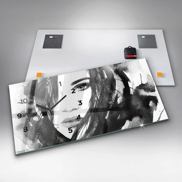 Glass wall clock rectangular Portrait of a woman watercolor