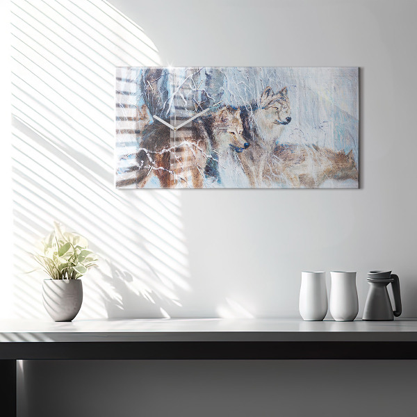 Glass wall clock rectangular Wolves in the forest