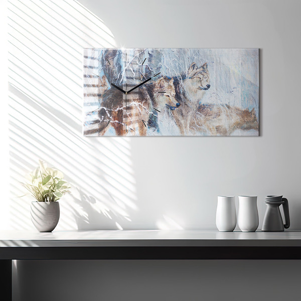 Glass wall clock rectangular Wolves in the forest