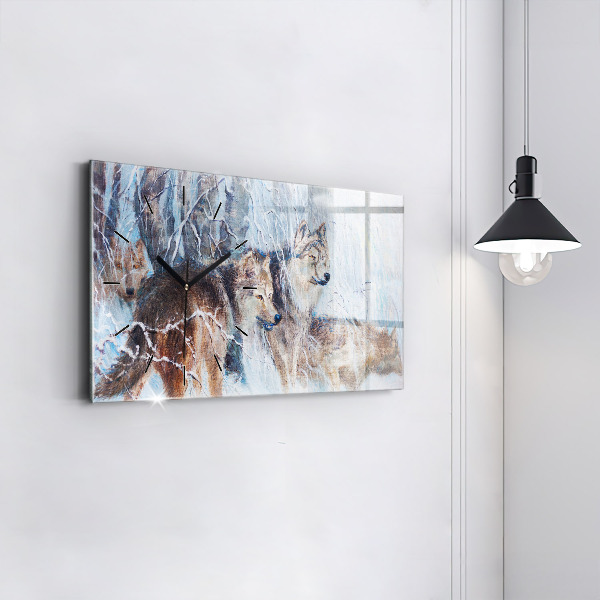 Glass wall clock rectangular Wolves in the forest