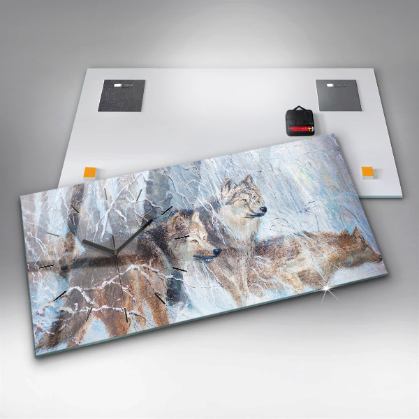 Glass wall clock rectangular Wolves in the forest