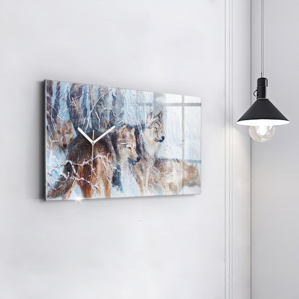 Glass wall clock rectangular Wolves in the forest