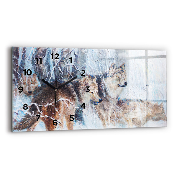 Glass wall clock rectangular Wolves in the forest