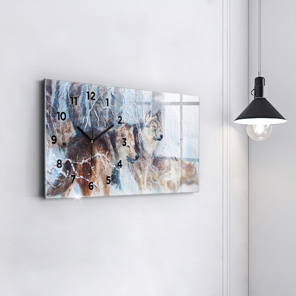 Glass wall clock rectangular Wolves in the forest