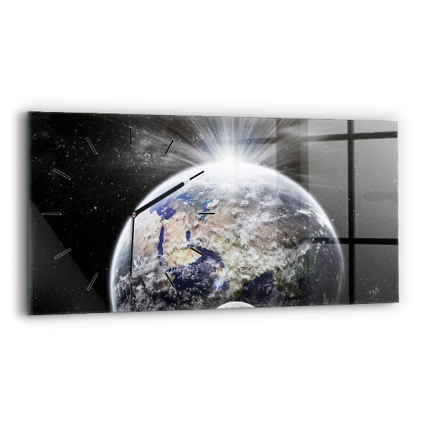 Glass wall clock rectangular Earth Moon Sun