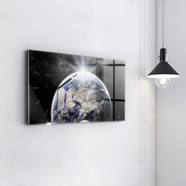 Glass wall clock rectangular Earth Moon Sun