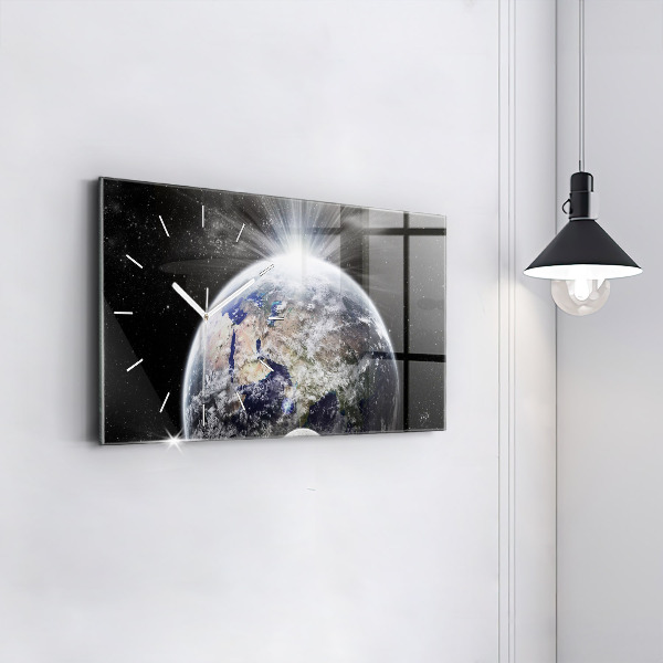 Glass wall clock rectangular Earth Moon Sun