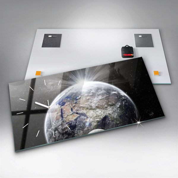 Glass wall clock rectangular Earth Moon Sun