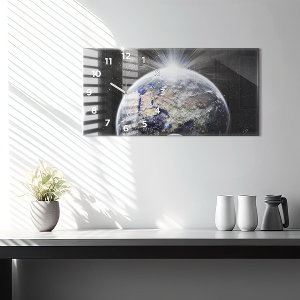 Glass wall clock rectangular Earth Moon Sun
