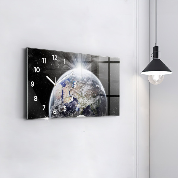 Glass wall clock rectangular Earth Moon Sun