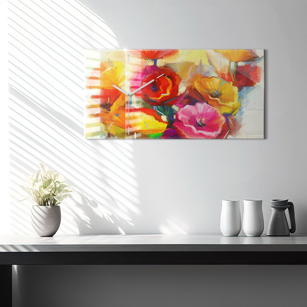 Glass wall clock rectangular Colorful poppies
