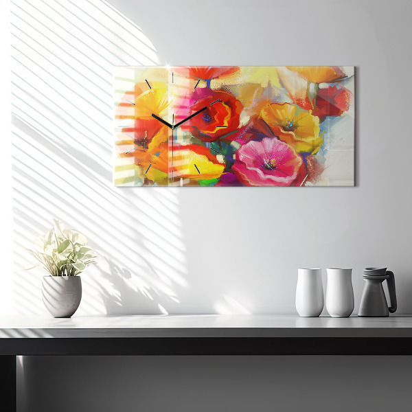 Glass wall clock rectangular Colorful poppies