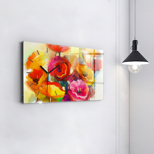 Glass wall clock rectangular Colorful poppies