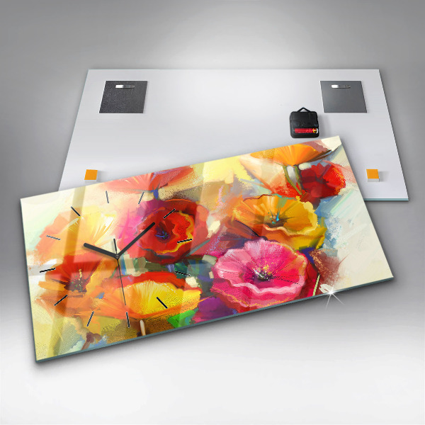 Glass wall clock rectangular Colorful poppies
