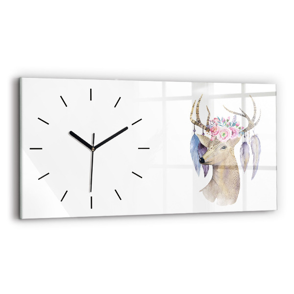 Glass wall clock rectangular Deer head and flowers