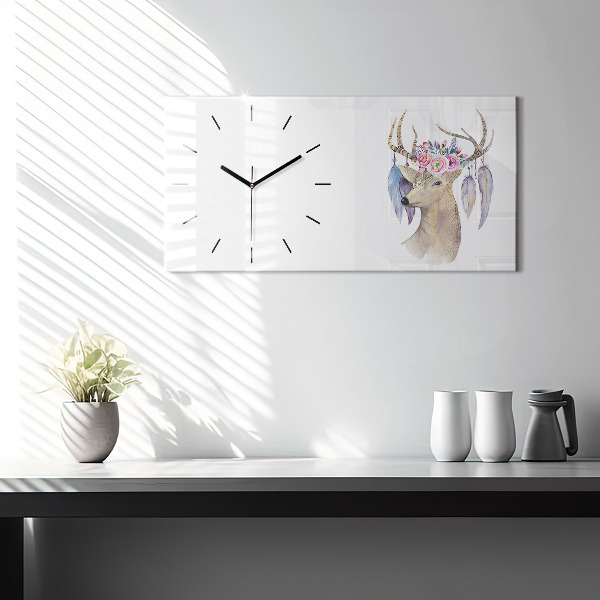 Glass wall clock rectangular Deer head and flowers