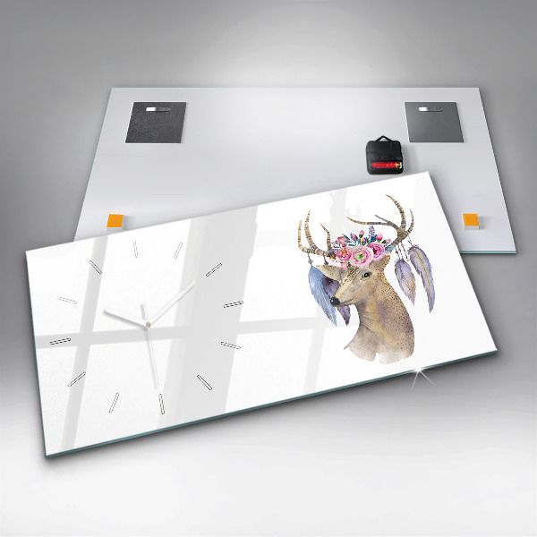 Glass wall clock rectangular Deer head and flowers