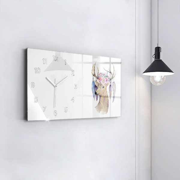 Glass wall clock rectangular Deer head and flowers
