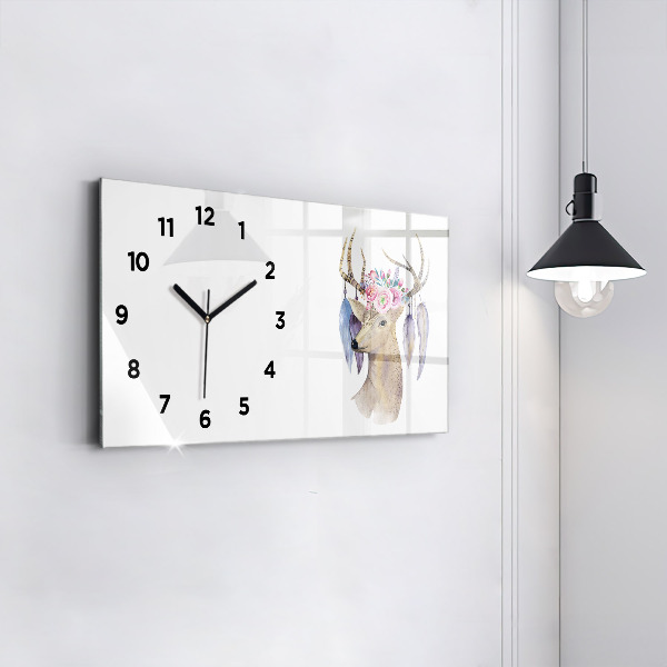 Glass wall clock rectangular Deer head and flowers