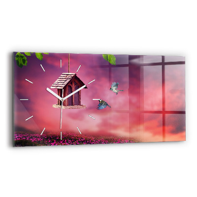 Glass wall clock rectangular A house for birds