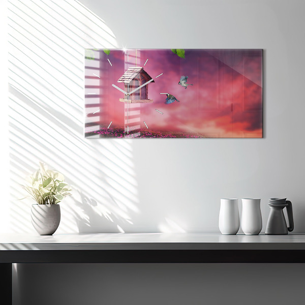 Glass wall clock rectangular A house for birds