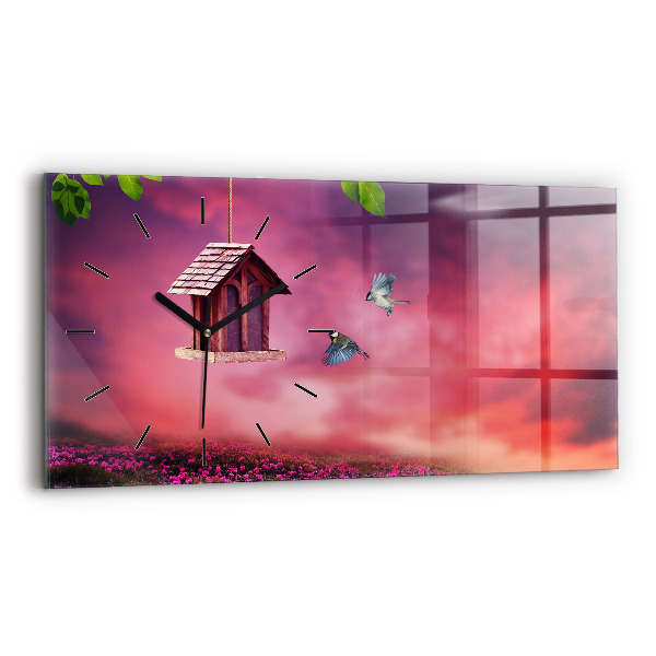 Glass wall clock rectangular A house for birds