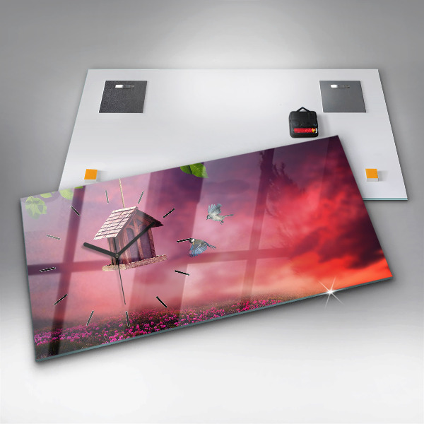Glass wall clock rectangular A house for birds