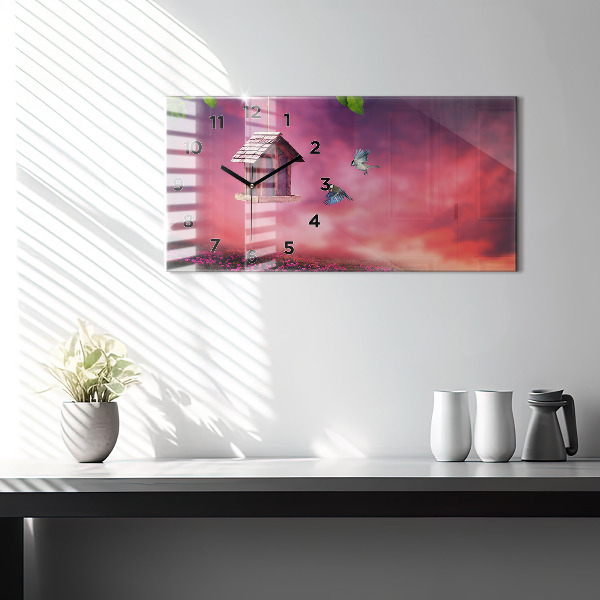 Glass wall clock rectangular A house for birds