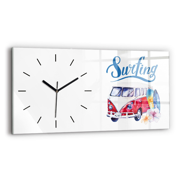 Glass wall clock rectangular Car and Surfing sign