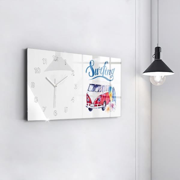 Glass wall clock rectangular Car and Surfing sign