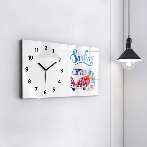 Glass wall clock rectangular Car and Surfing sign