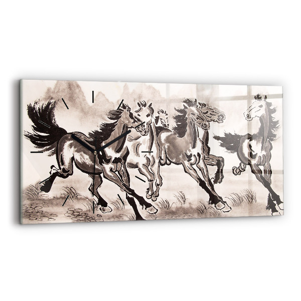 Glass wall clock rectangular Galloping horses