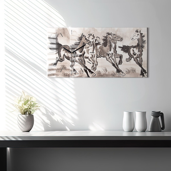Glass wall clock rectangular Galloping horses