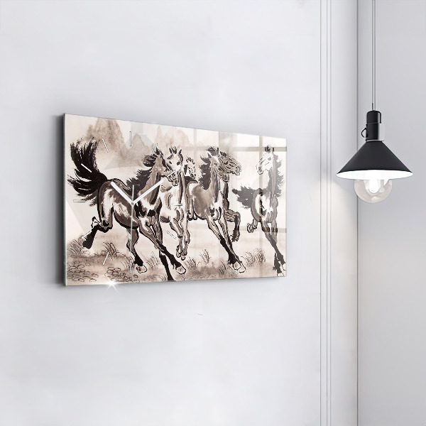Glass wall clock rectangular Galloping horses