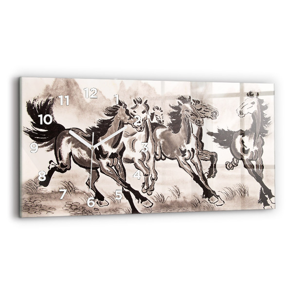 Glass wall clock rectangular Galloping horses