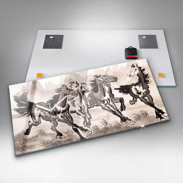Glass wall clock rectangular Galloping horses
