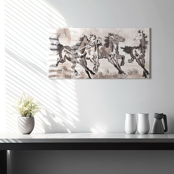 Glass wall clock rectangular Galloping horses