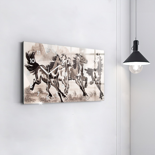 Glass wall clock rectangular Galloping horses