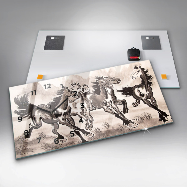 Glass wall clock rectangular Galloping horses
