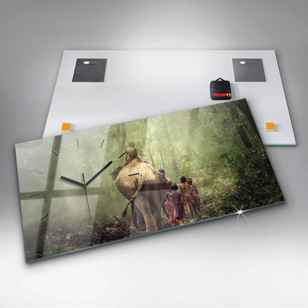 Glass wall clock rectangular Children leading an elephant