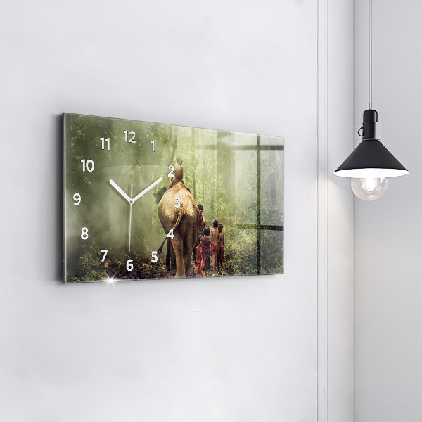 Glass wall clock rectangular Children leading an elephant