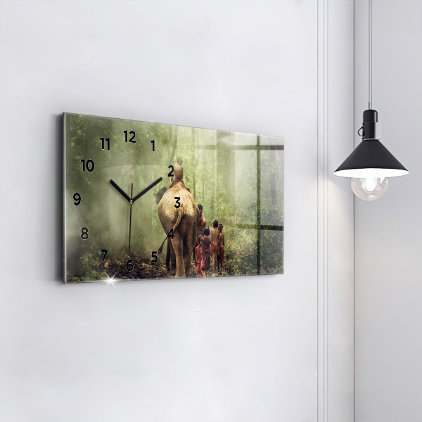 Glass wall clock rectangular Children leading an elephant
