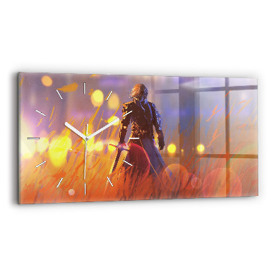 Glass wall clock rectangular Knight with a sword