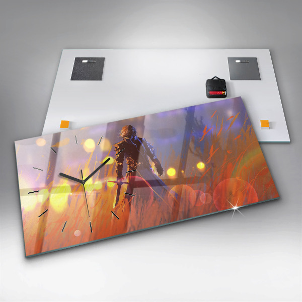 Glass wall clock rectangular Knight with a sword