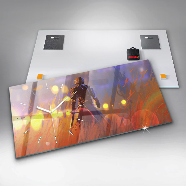 Glass wall clock rectangular Knight with a sword