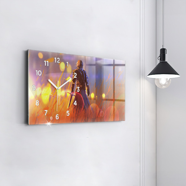 Glass wall clock rectangular Knight with a sword