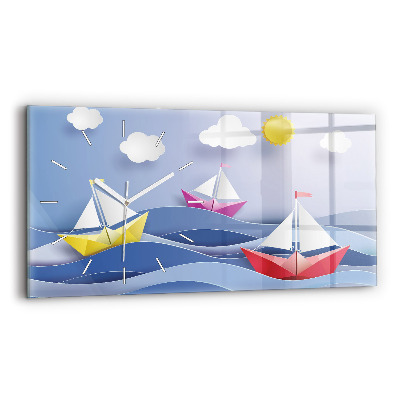 Glass wall clock rectangular Origami colorful sailboats