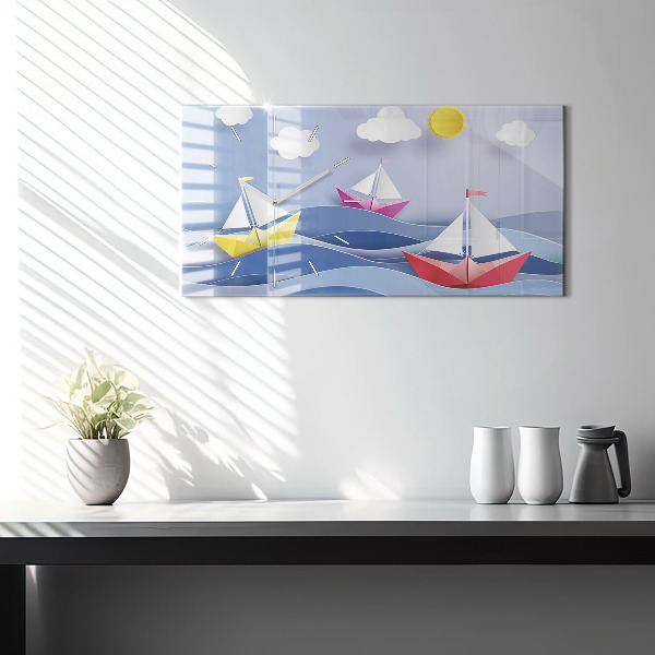Glass wall clock rectangular Origami colorful sailboats