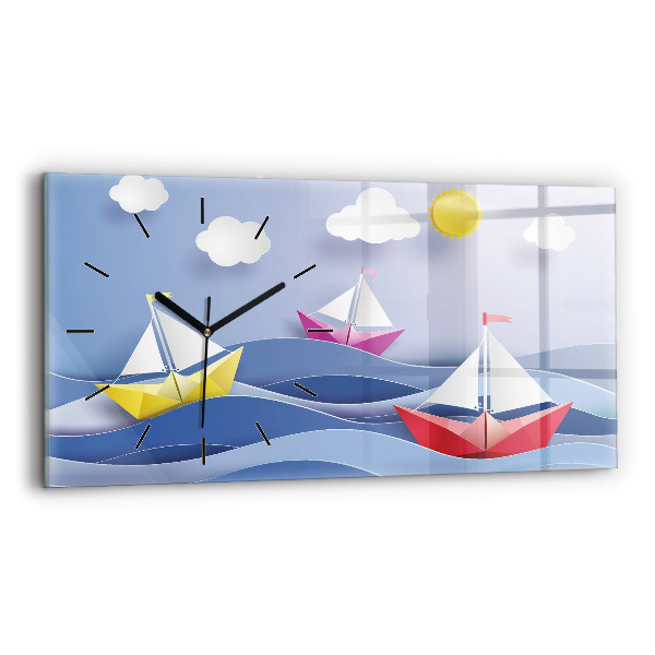 Glass wall clock rectangular Origami colorful sailboats