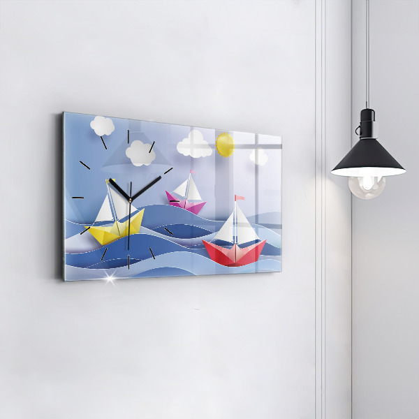 Glass wall clock rectangular Origami colorful sailboats